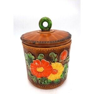 Vintage Brinn's Pottery MCM Large Ceramic 9.5" Canister Orange/Yellow Floral